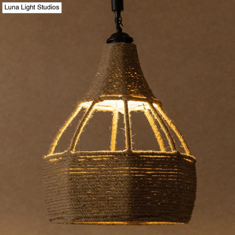 Farmhouse Brown Dining Table Pendant Light - Single Jute Rope Down Lighting With Pear Shape Design