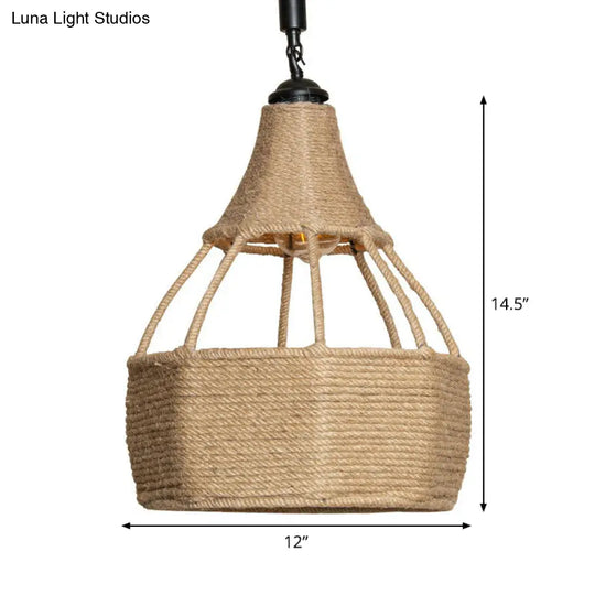 Farmhouse Brown Dining Table Pendant Light - Single Jute Rope Down Lighting With Pear Shape Design
