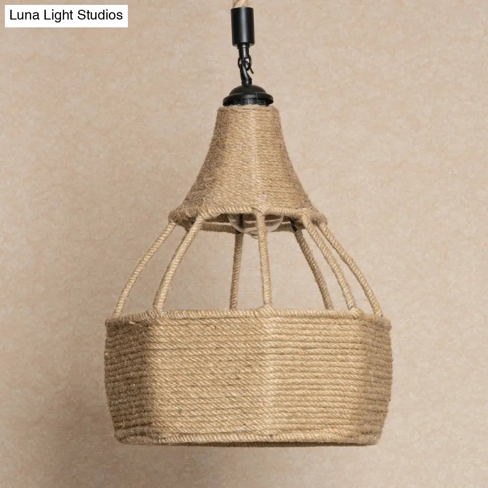 Farmhouse Brown Dining Table Pendant Light - Single Jute Rope Down Lighting With Pear Shape Design