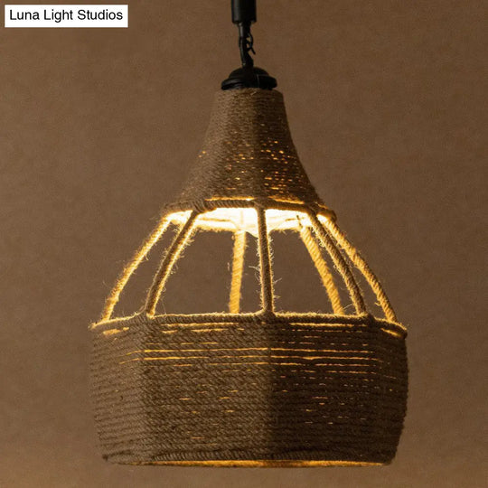 Farmhouse Brown Dining Table Pendant Light - Single Jute Rope Down Lighting With Pear Shape Design