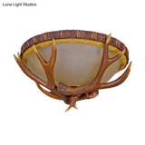 Farmhouse Brown Frosted Glass Ceiling Light With Antler Deco - 3 - Light Dome Flush Mount Fixture