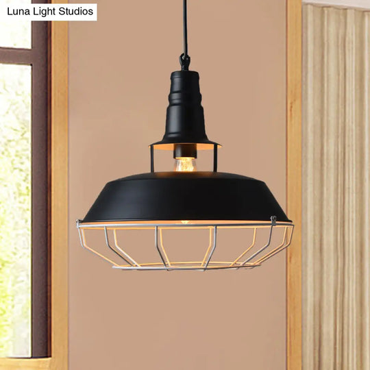 Farmhouse Metallic Pendant Lamp With Cage - Black Barn Hanging Light For Restaurants