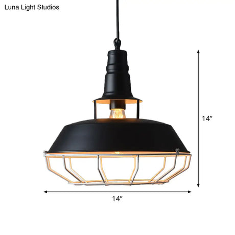 Farmhouse Cage Pendant Lamp: Black Barn Hanging Light With Metallic Finish For Restaurants