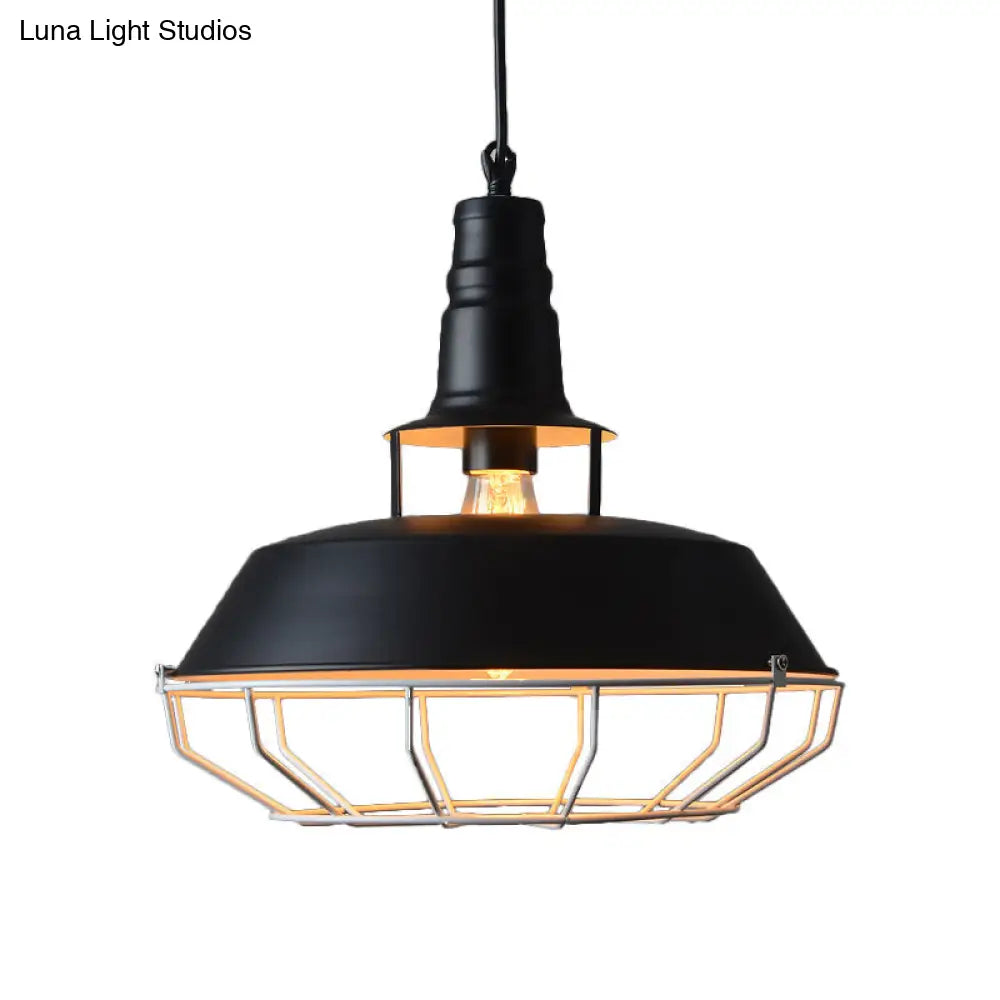 Farmhouse Metallic Pendant Lamp With Cage - Black Barn Hanging Light For Restaurants