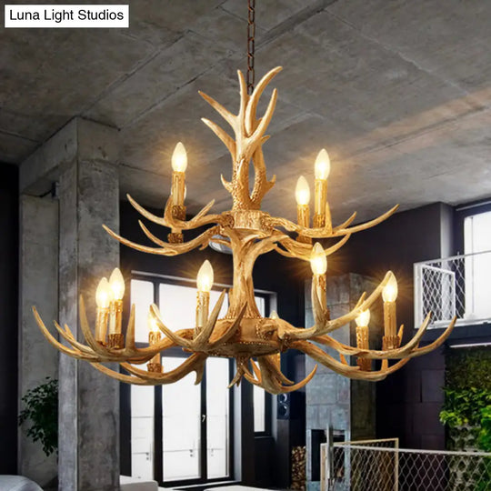 Farmhouse Chandelier: 12-Head 2-Tier Resin Hanging Lamp Brown Living Room Lighting