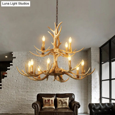 Farmhouse Chandelier: 12-Head 2-Tier Resin Hanging Lamp Brown Living Room Lighting