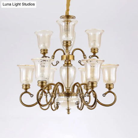 Farmhouse Chandelier Lamp: Bell Clear Glass Brass Suspension Lighting With Metal Arm - 3/6/8 Lights