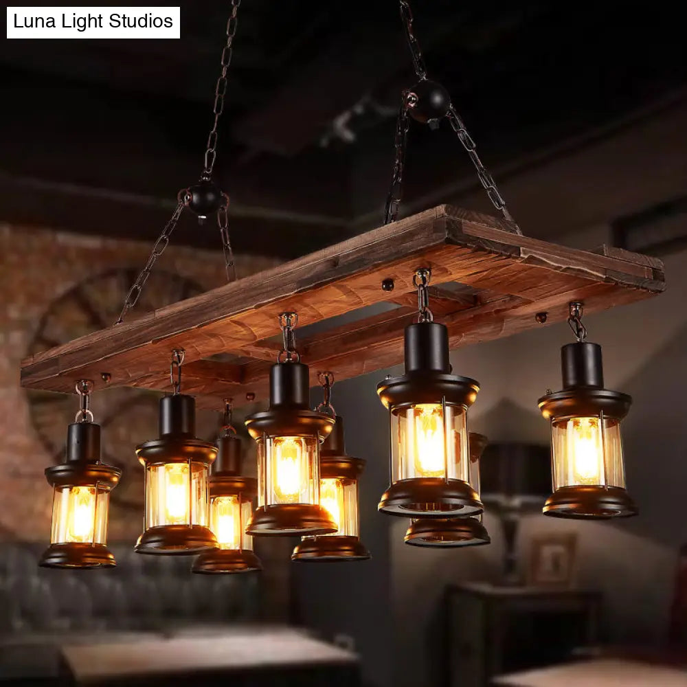 Farmhouse Clear Glass Lantern Island Lighting Fixture With 8 Wood Lights