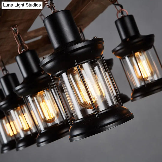 Farmhouse Clear Glass Lantern Island Lighting Fixture With 8 Wood Lights