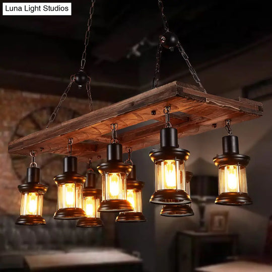 Farmhouse Clear Glass Lantern Island Lighting Fixture With 8 Wood Lights