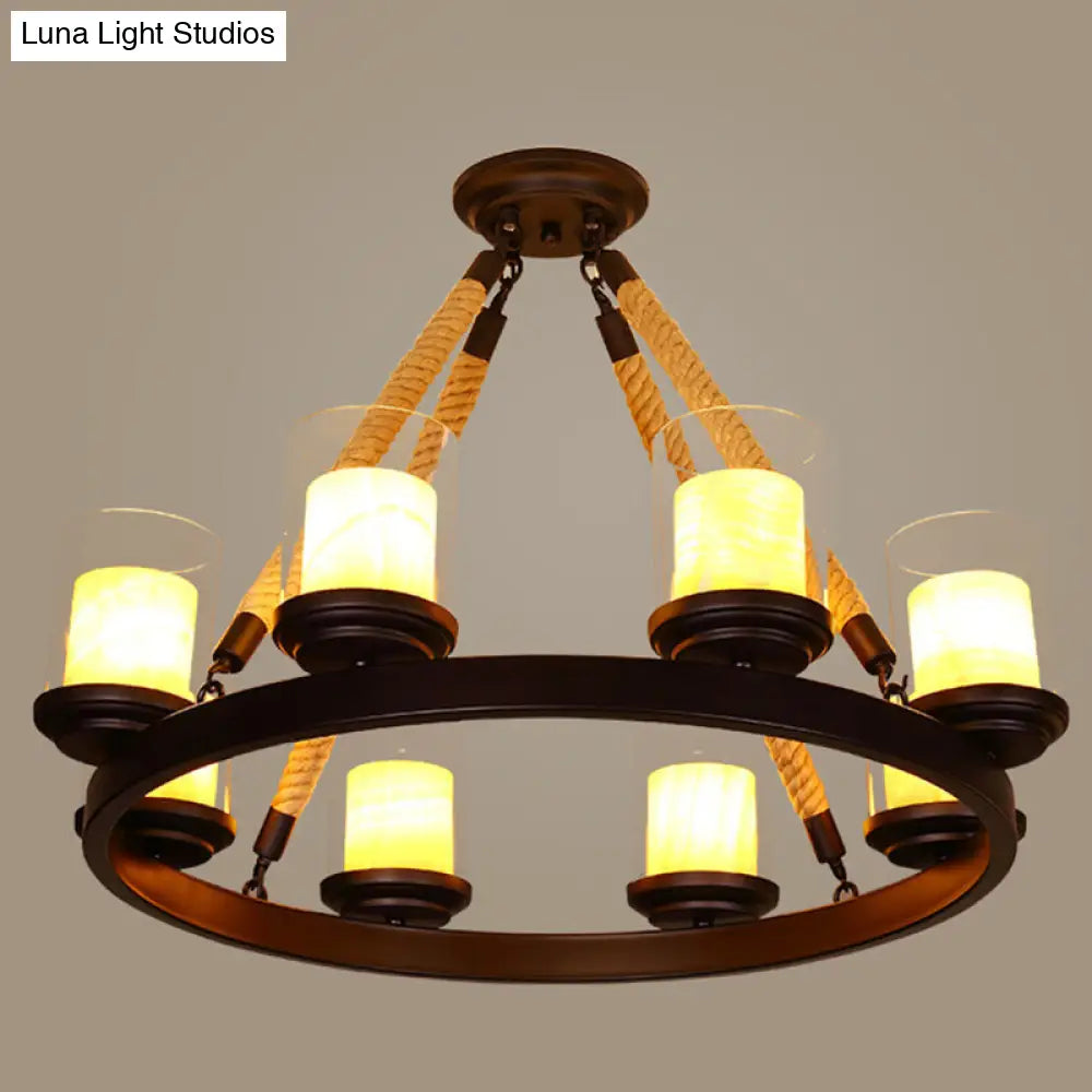 Farmhouse Clear Glass Cylindrical Suspension Lamp With Rope Arm 8 / Beige