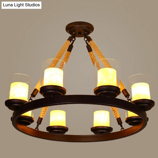 Farmhouse Clear Glass Cylindrical Suspension Lamp With Rope Arm 8 / Beige