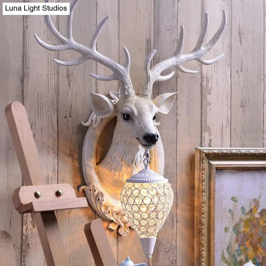Farmhouse Deer Head Wall Sconce Light With Beveled Crystal Shade