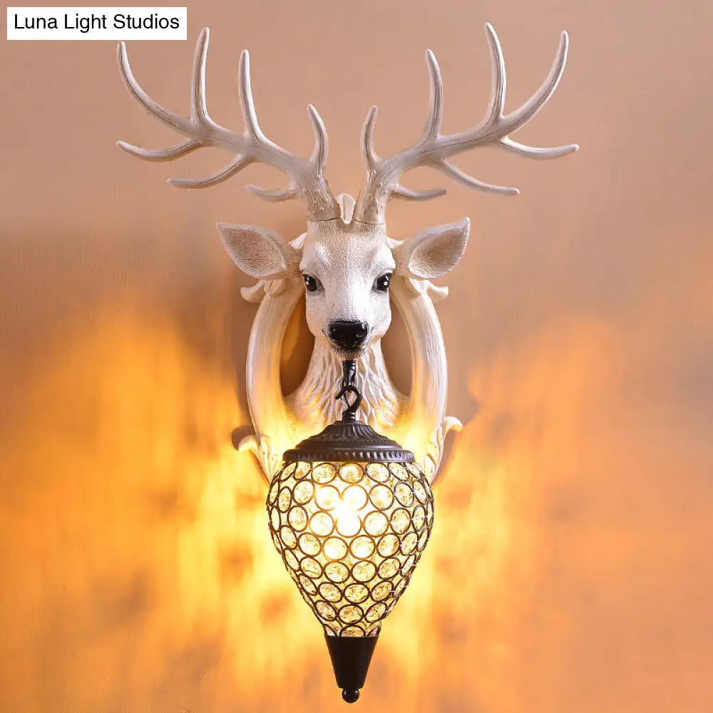 Farmhouse Deer Head Wall Sconce Light With Beveled Crystal Shade