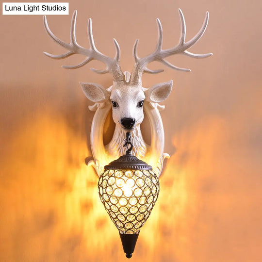 Farmhouse Deer Head Wall Sconce Light With Beveled Crystal Shade