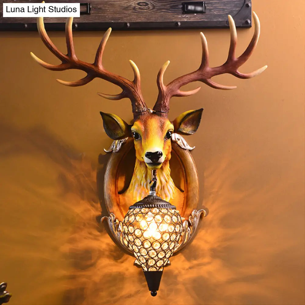 Farmhouse Deer Head Wall Sconce Light With Beveled Crystal Shade