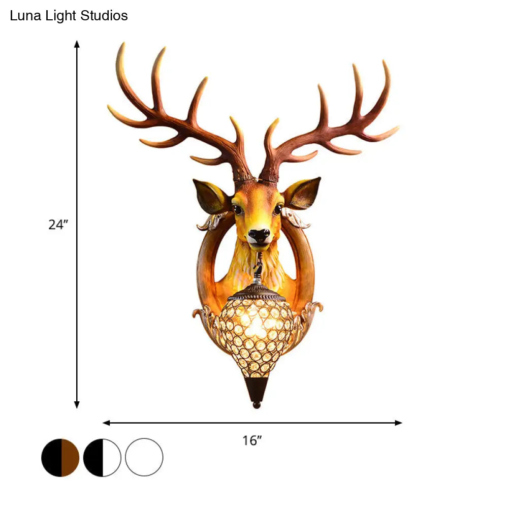Farmhouse Deer Head Wall Sconce Light With Beveled Crystal Shade