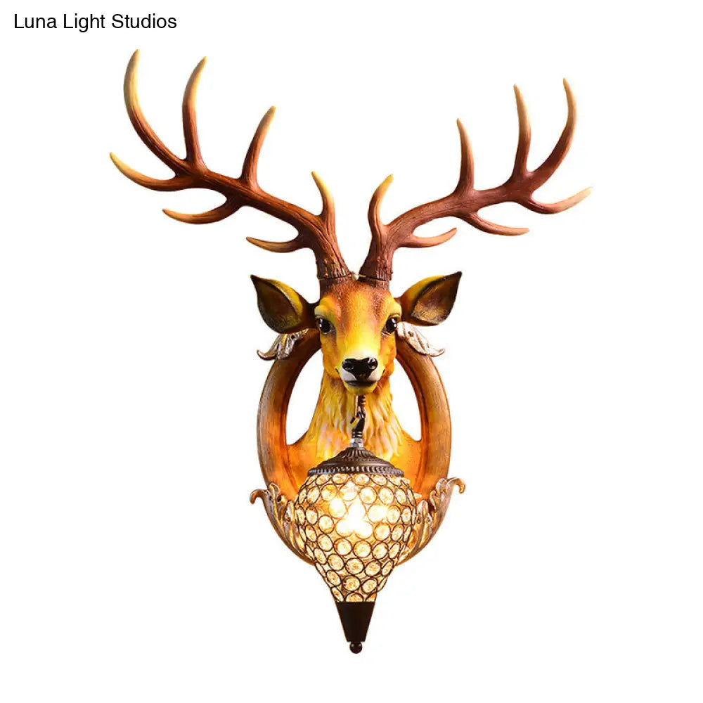 Farmhouse Deer Head Wall Sconce Light With Beveled Crystal Shade
