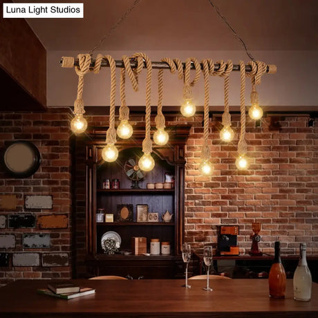 Farmhouse Exposed Bulb Pendant Light With Wood Hemp Rope - Ideal For Restaurants