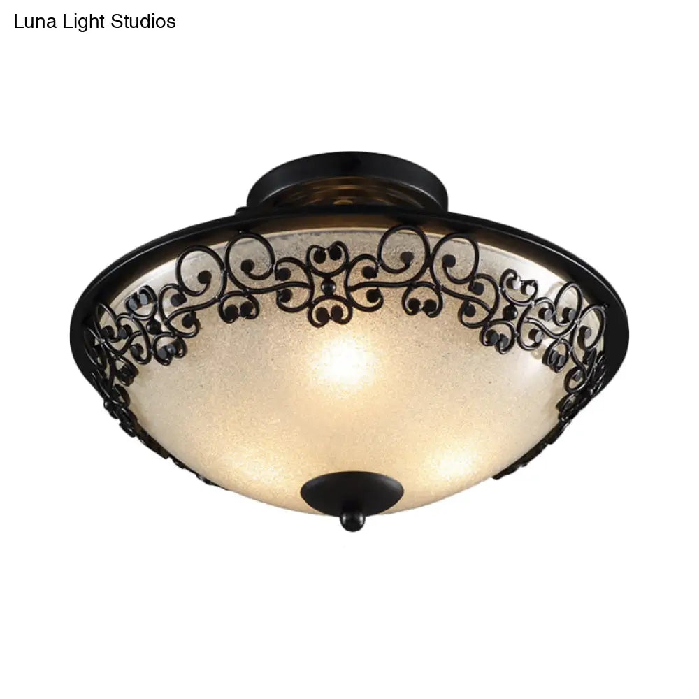 Farmhouse Frosted Glass Semi Flush Ceiling Light With Butterfly Embellishments - Set Of 3 Bulbs