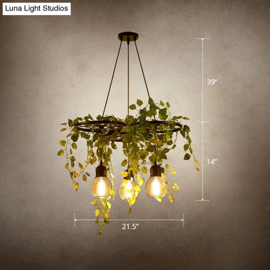 Farmhouse Green Metal Hanging Light: 3-Headed Wagon Wheel Chandelier With Artificial Ivy Deco /