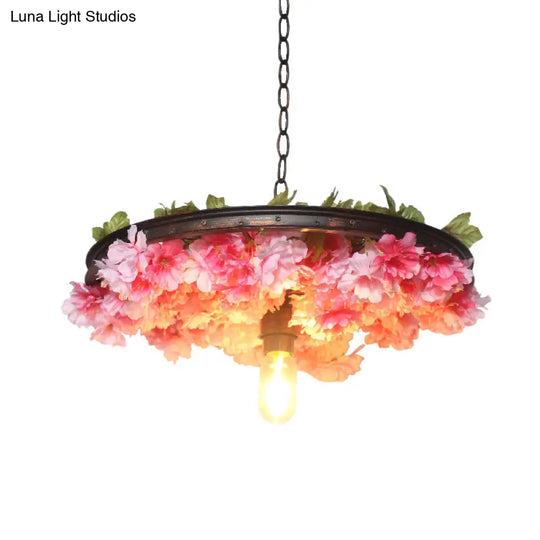 Farmhouse Hanging Lamp: Pink/Blue Flower Pendant Light With Wagon Wheel Design 8.5’/15’/19’ Wide
