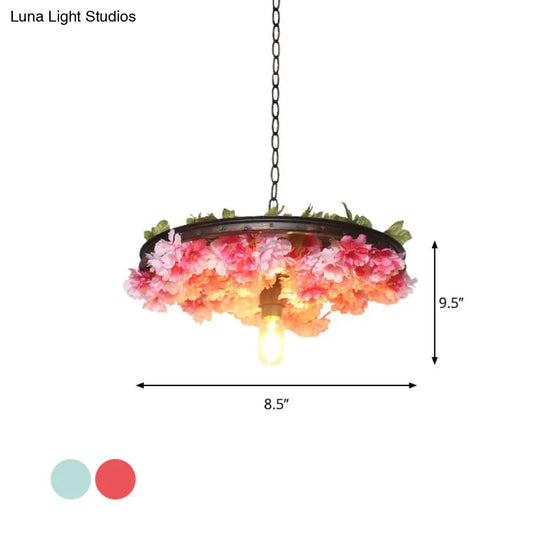 Farmhouse Hanging Lamp: Pink/Blue Flower Pendant Light With Wagon Wheel Design 8.5’/15’/19’ Wide