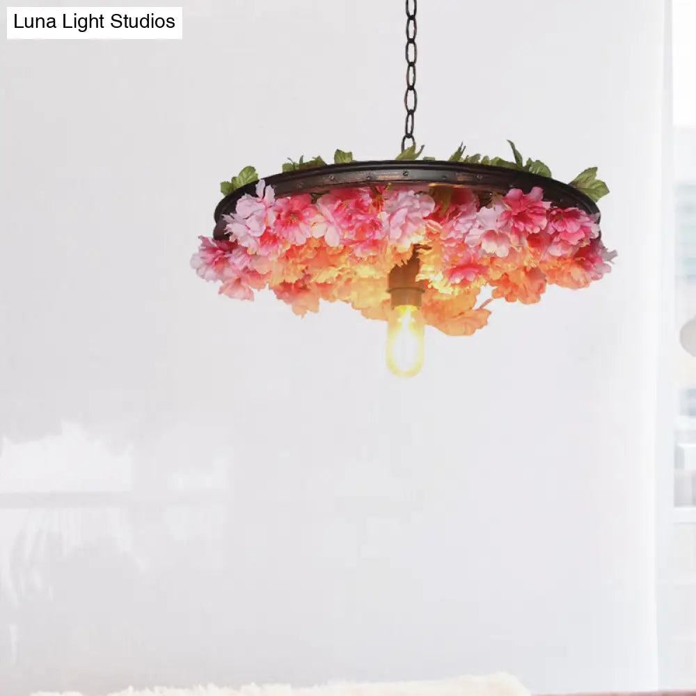 Farmhouse Hanging Lamp: Pink/Blue Flower Pendant Light With Wagon Wheel Design 8.5’/15’/19’ Wide