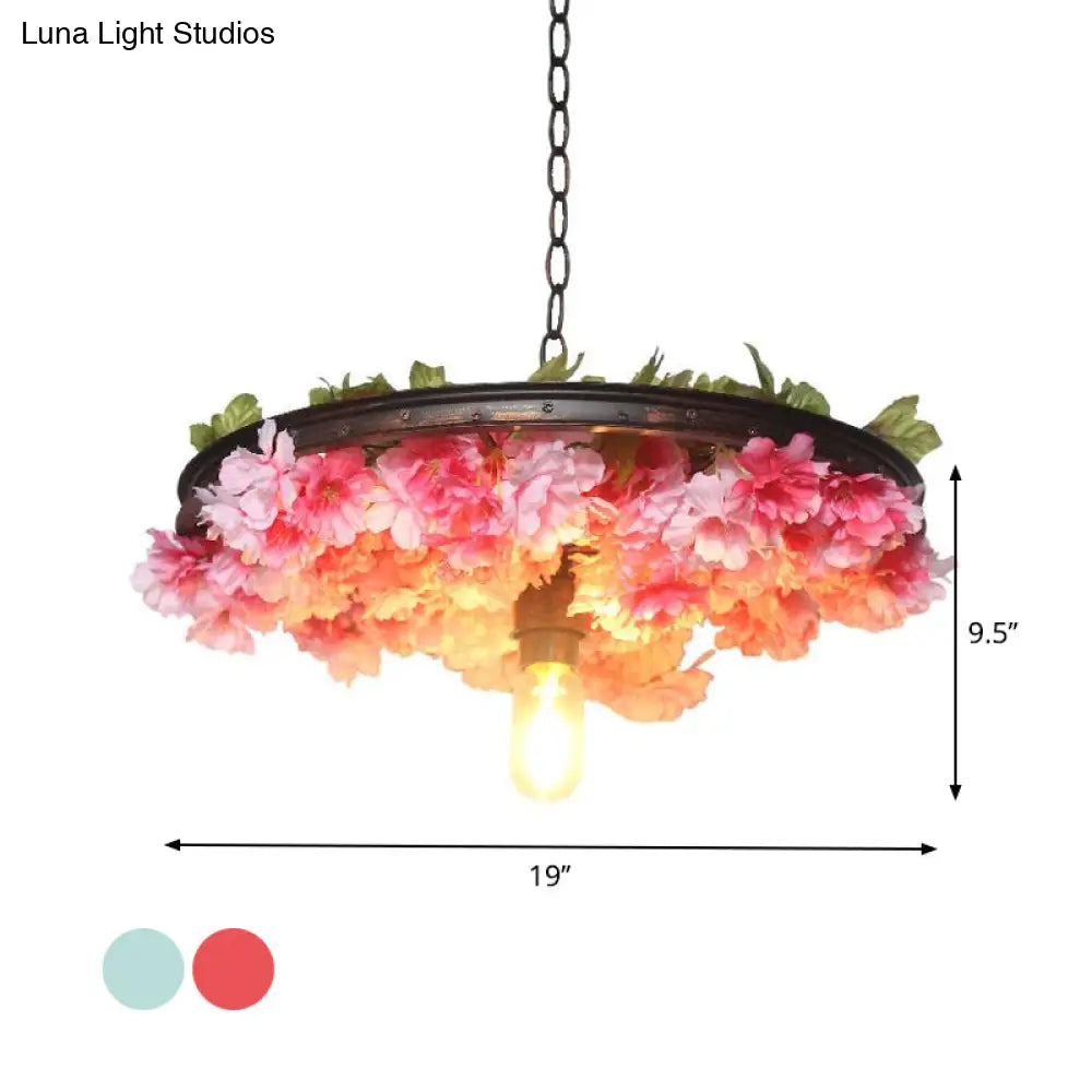 Farmhouse Hanging Lamp: Pink/Blue Flower Pendant Light With Wagon Wheel Design 8.5’/15’/19’ Wide