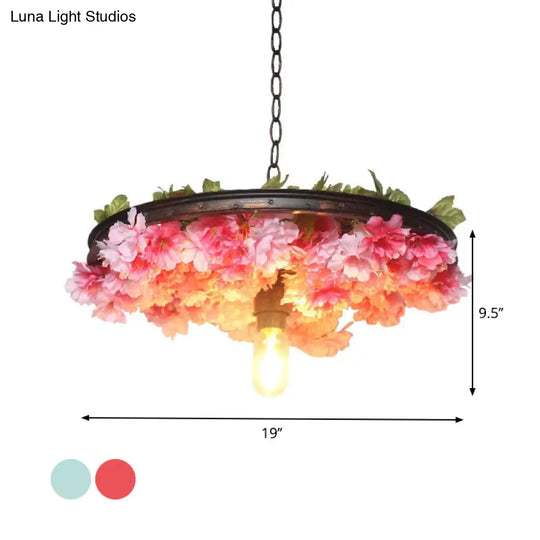 Farmhouse Hanging Lamp: Pink/Blue Flower Pendant Light With Wagon Wheel Design 8.5’/15’/19’ Wide