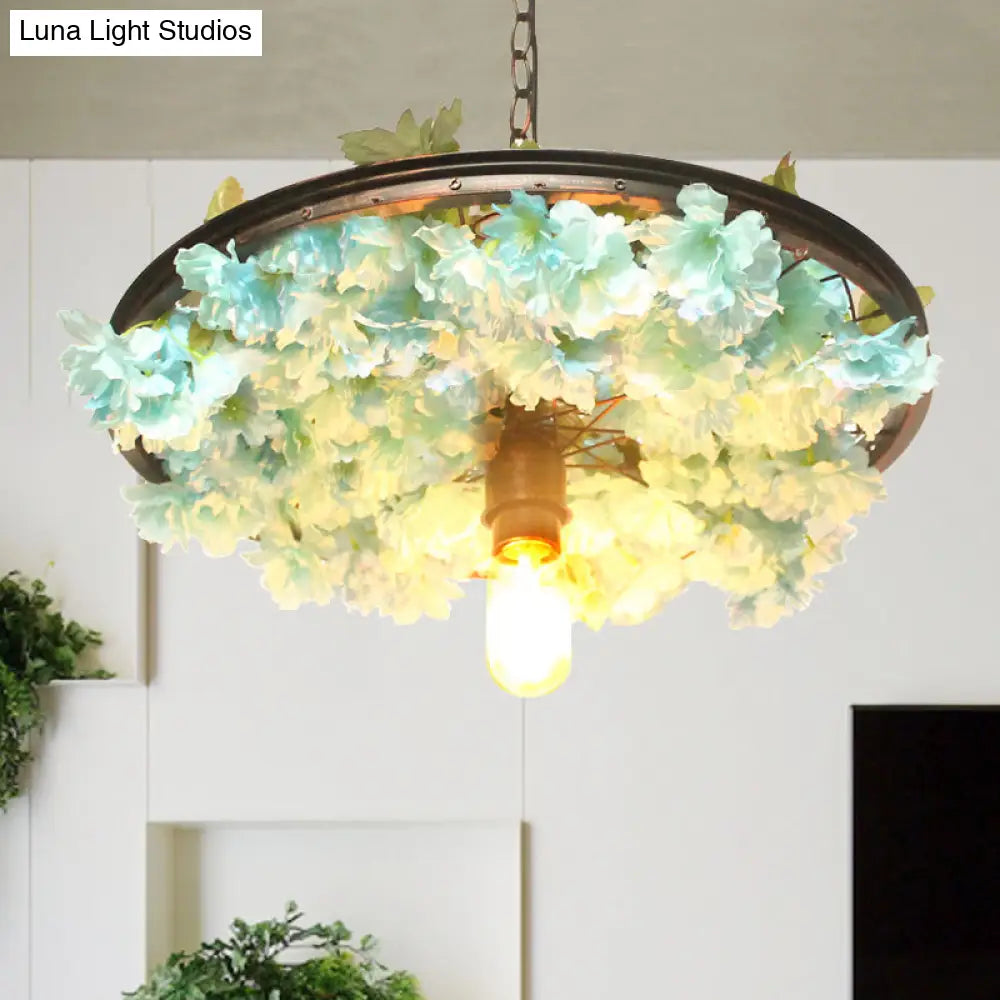 Farmhouse Hanging Lamp: Pink/Blue Flower Pendant Light With Wagon Wheel Design 8.5’/15’/19’ Wide