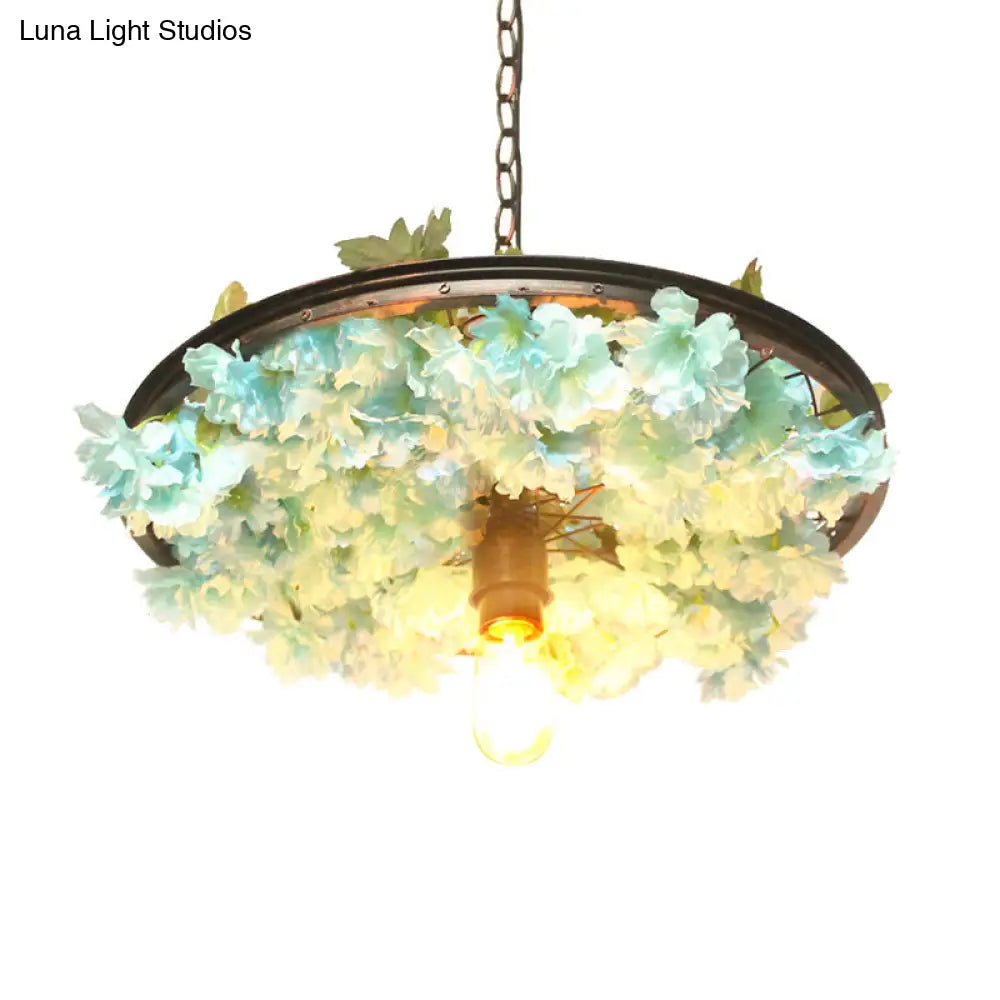 Farmhouse Hanging Lamp: Pink/Blue Flower Pendant Light With Wagon Wheel Design 8.5’/15’/19’ Wide