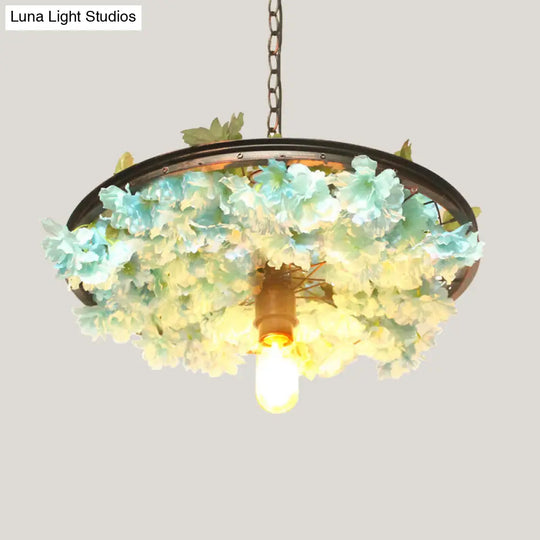 Farmhouse Pendant Light With Pink/Blue Flower Design Wagon Wheel Style - 8.5/15/19 Wide