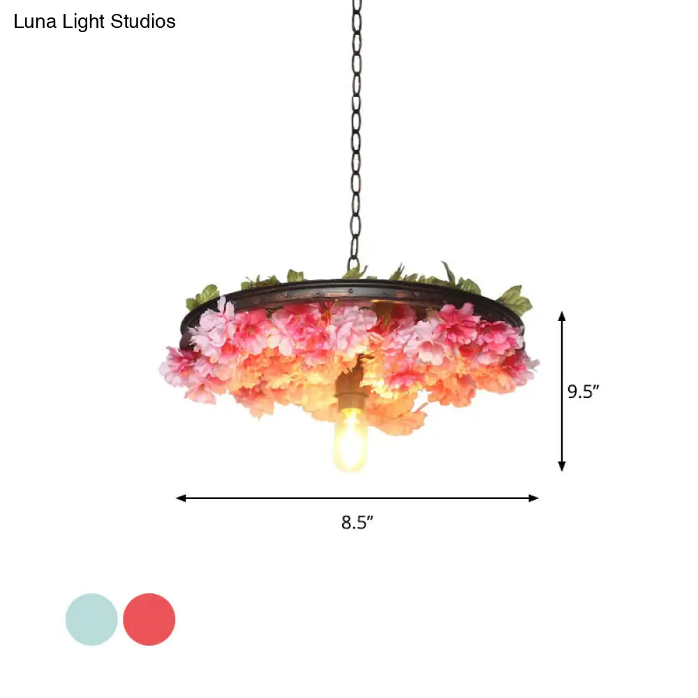 Farmhouse Pendant Light With Pink/Blue Flower Design Wagon Wheel Style - 8.5/15/19 Wide