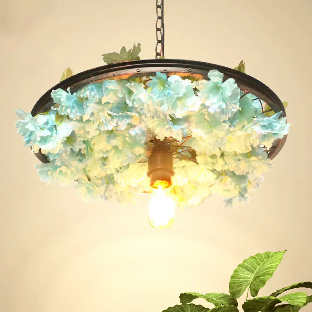 Farmhouse Hanging Lamp: Pink/Blue Flower Pendant Light With Wagon Wheel Design 8.5’/15’/19’