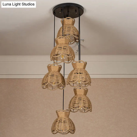 Farmhouse Hemp Bistro Pendant - Round/Linear 3/6-Head Brown Multi Hanging Lamp With Scalloped Trim