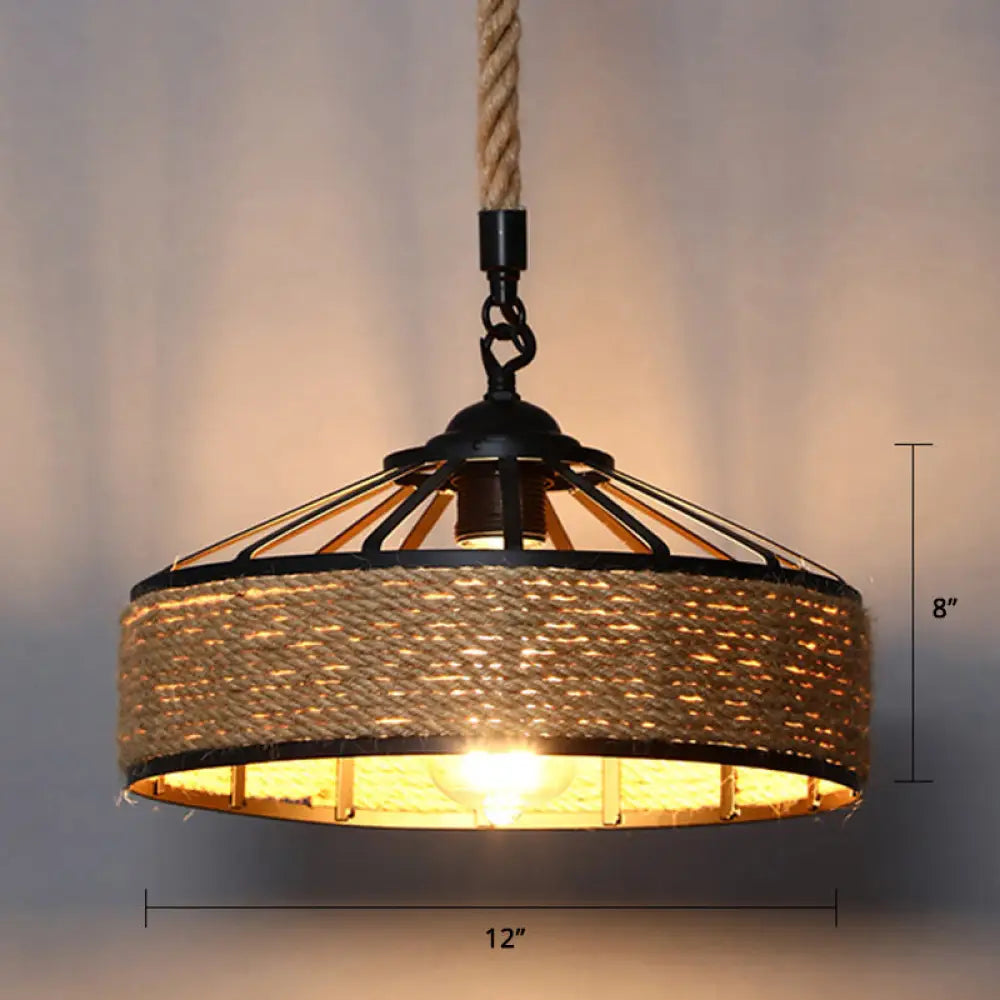 Farmhouse Hemp Rope Pendant Light - Conical Cage Design Brown Finish 1 Bulb / 12’