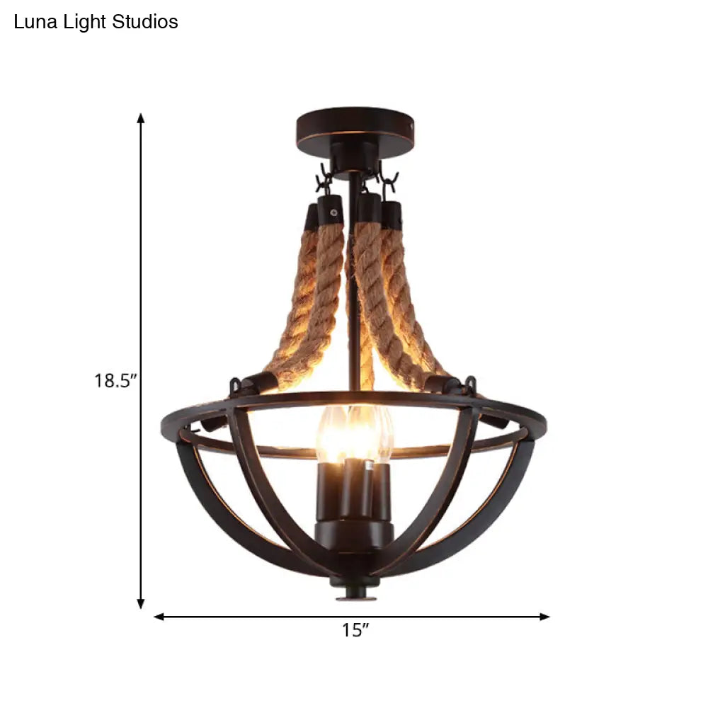 Farmhouse Iron Black Semi Flush Dome Cage Chandelier With 3-Bulb Ceiling Mount And Rope Cord