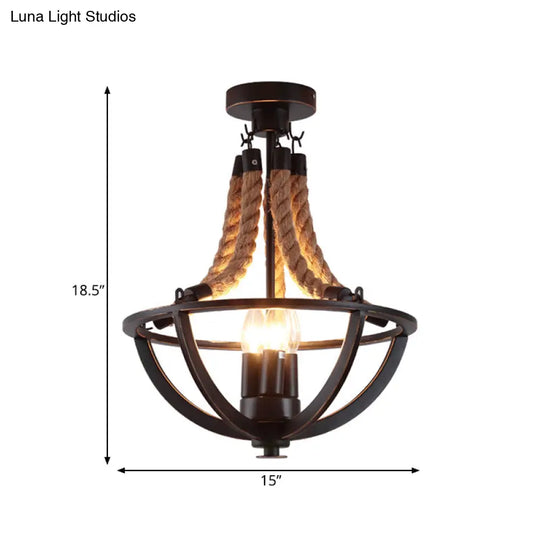 Farmhouse Iron Black Semi Flush Dome Cage Chandelier With 3-Bulb Ceiling Mount And Rope Cord
