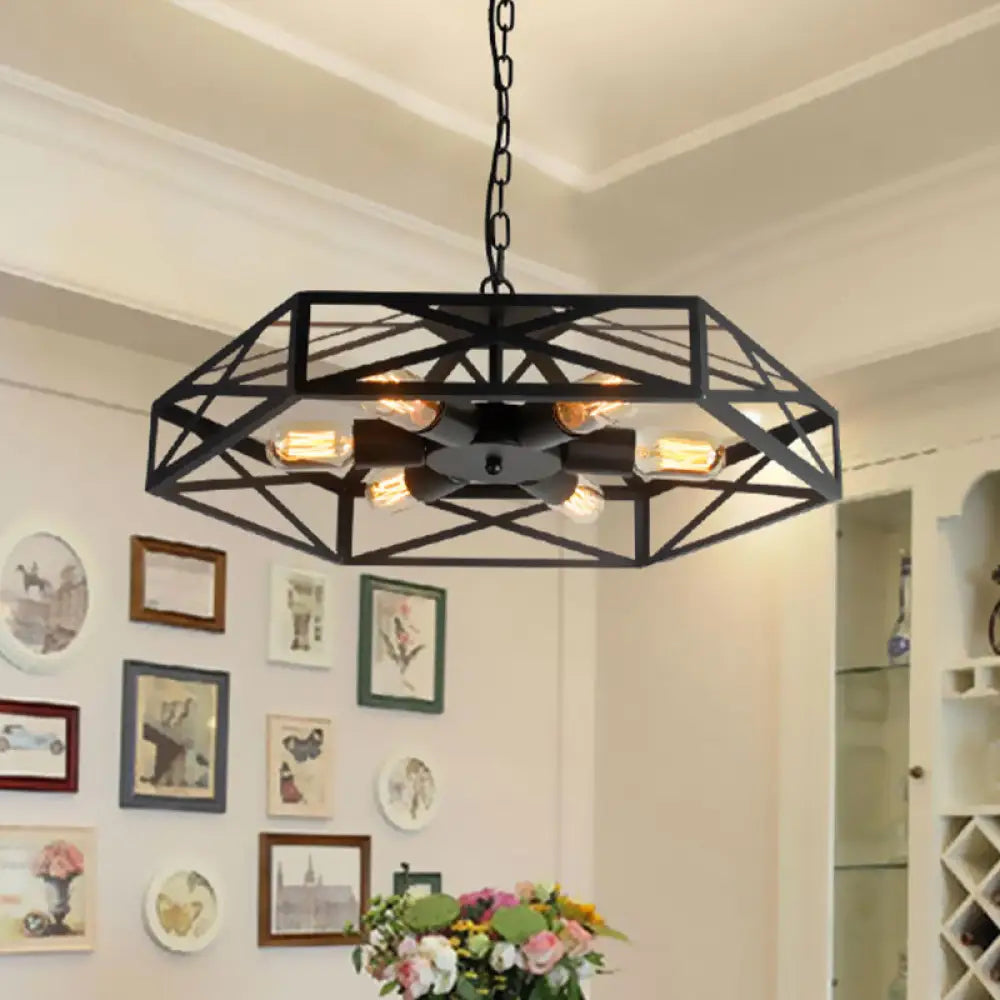 Farmhouse Iron Chandelier with Wire Cage Shade 6 Light Pendant Ceiling Light in Black Black