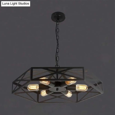 Farmhouse Iron Chandelier with Wire Cage Shade 6 Light Pendant Ceiling Light in Black Black
