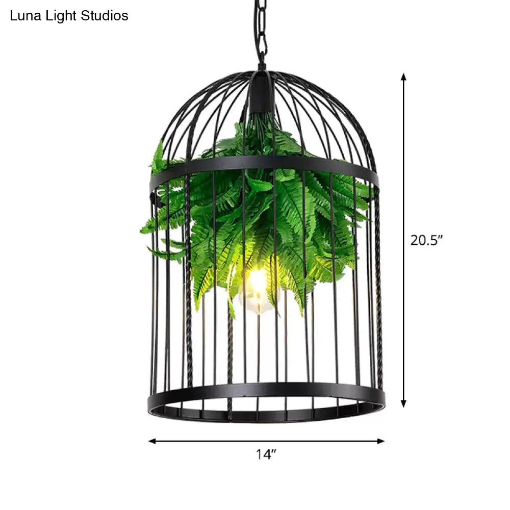 Farmhouse Iron Hanging Lamp: Black Bird Cage Pendant Light With Plant Decor