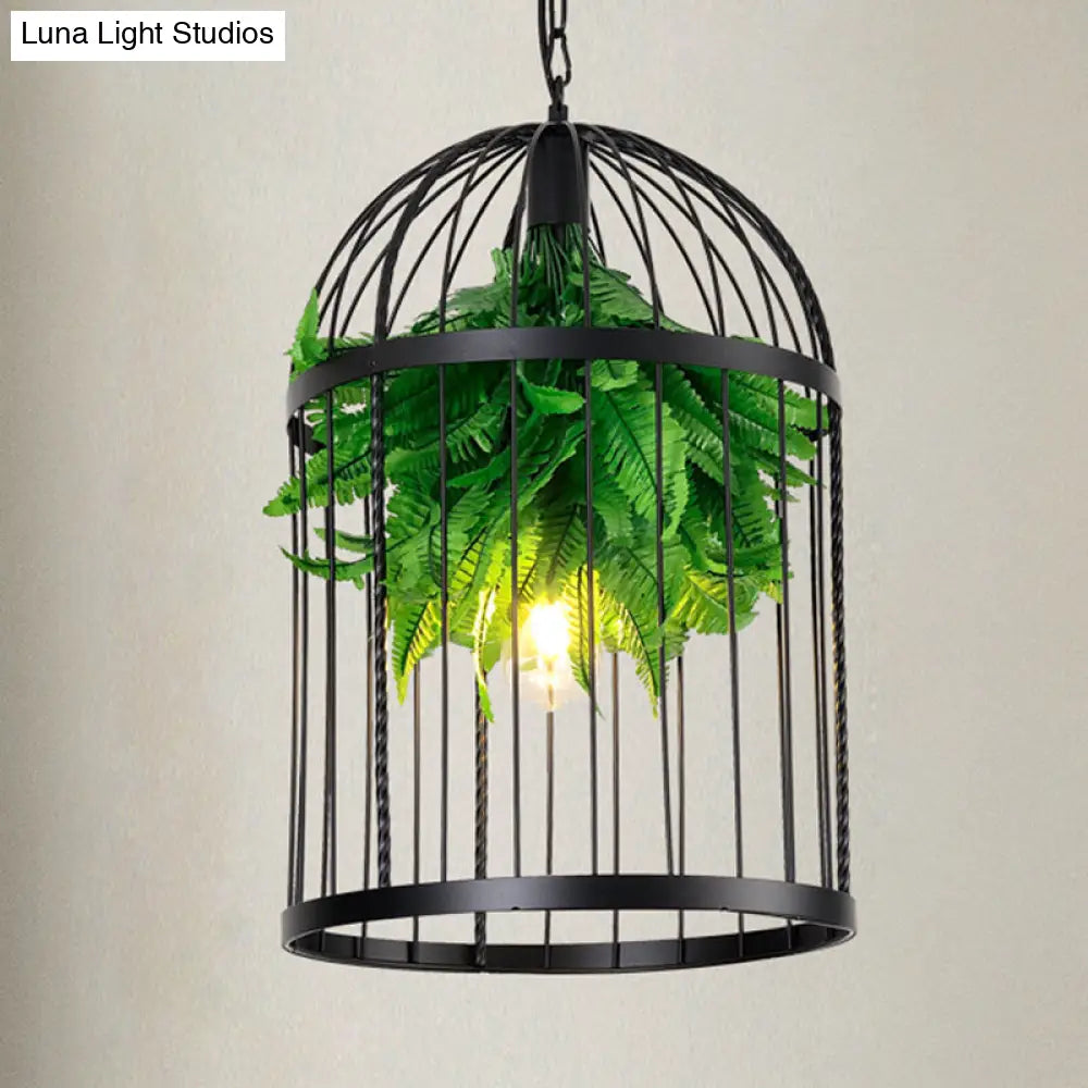 Iron Farmhouse Bird Cage Hanging Pendant Light With Plant Decor For Restaurants
