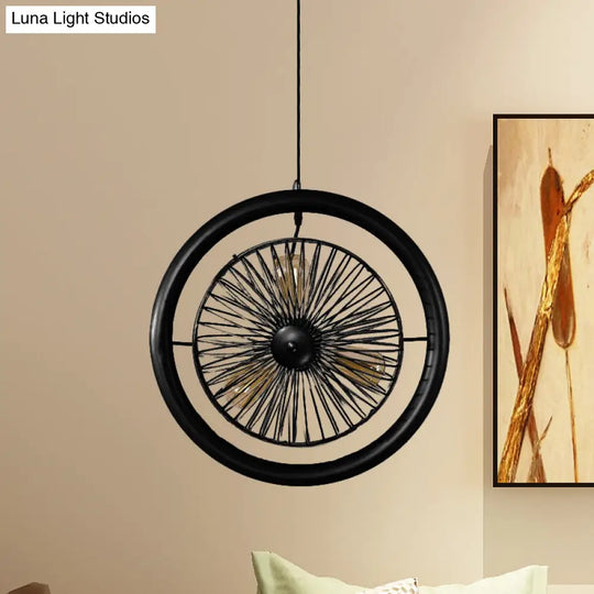 Farmhouse Kitchen Hanging Lamp With Brass/Black Finish - Circle Cage Metal Fixture 3 Lights & Fan