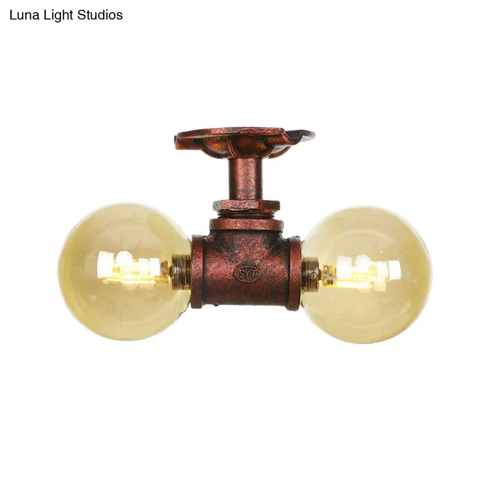 Farmhouse Led Amber Glass Copper Flushmount Light With 2 Heads - Semi Flush Ceiling Fixture