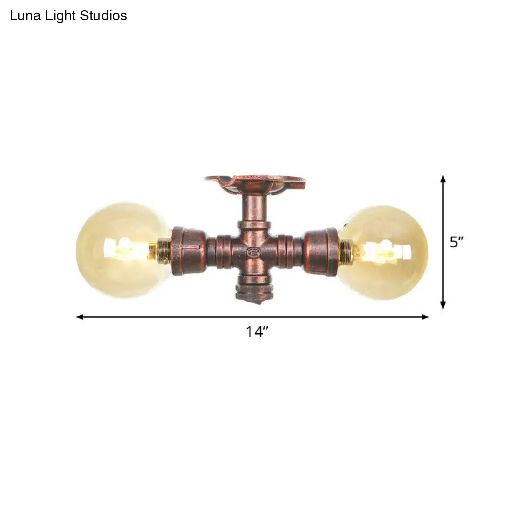 Farmhouse Led Amber Glass Copper Flushmount Light With 2 Heads - Semi Flush Ceiling Fixture