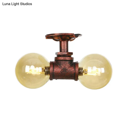 Farmhouse Led Amber Glass Copper Flushmount Light With 2 Heads - Semi Flush Ceiling Fixture
