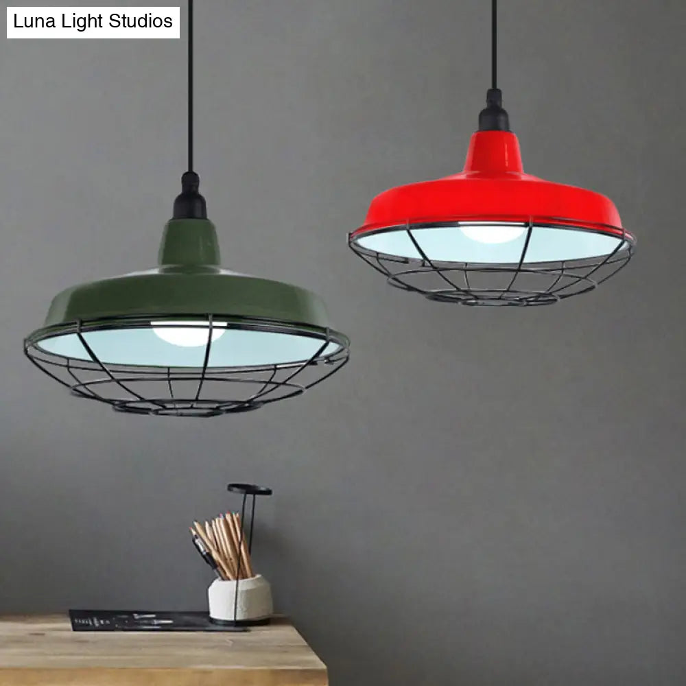 Farmhouse Metal Barn Hanging Ceiling Light - Green/Red Pendant With Wire Guard