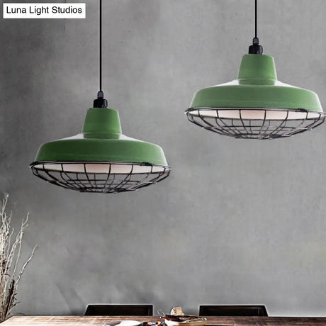 Farmhouse Metal Barn Hanging Ceiling Light - Green/Red Pendant With Wire Guard