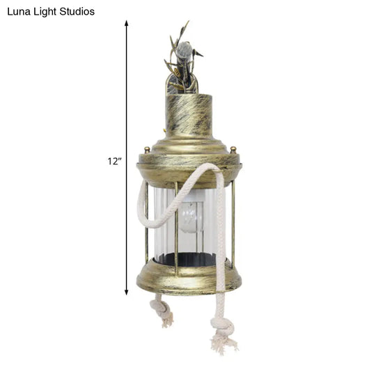 Farmhouse Metal Lantern Sconce - Brass Wall Mount Light With Branch Arm